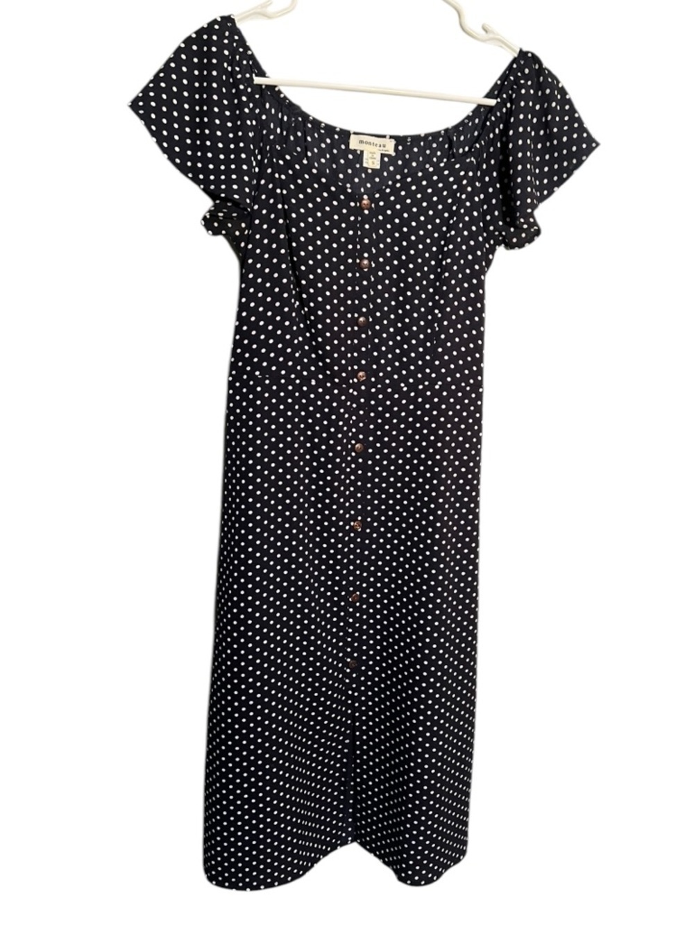 Monteau Women's Size Small Dress Button Front Navy Blue White Polka Dots Flutter